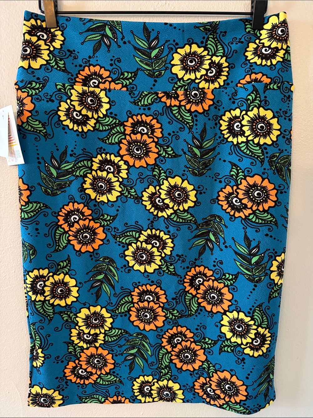 LuLaRoe Teal Pencil Skirt with Yellow & Orange Floral Print